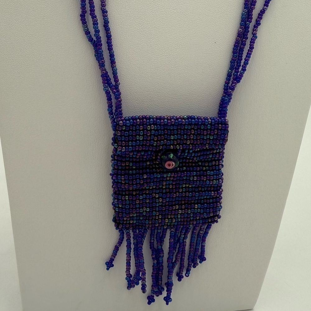 Vintage Purple Color Beaded Amulet Pouch Necklace with Rose Glass Bead - Picture 8 of 8